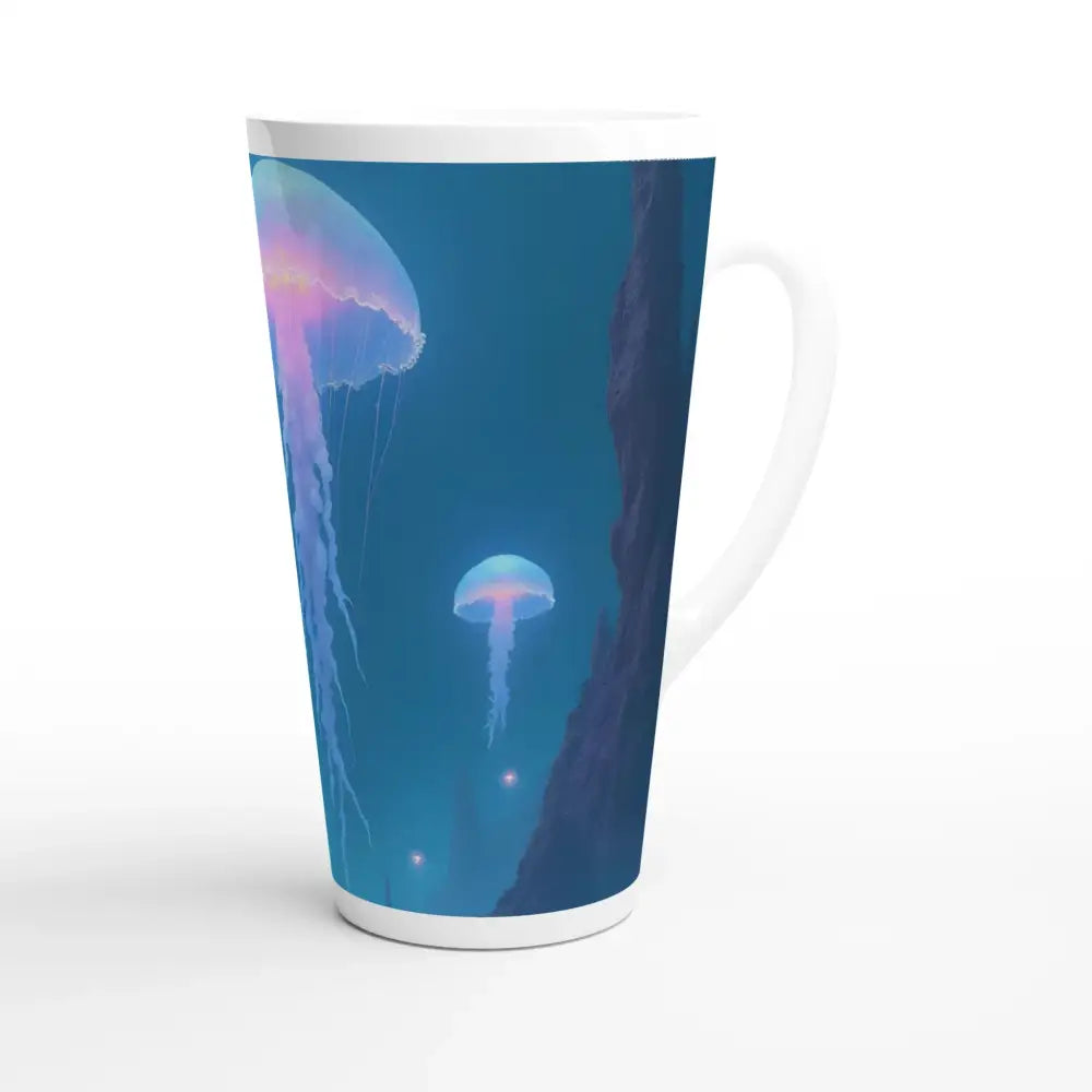 Deep Drift Encounter Latte Mug with Jellyfish Design from PixiOnyx Cosmic Reflection Cup