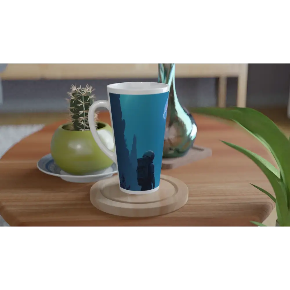 Blue latte mug with astronaut design from Deep Drift Encounter Latte Mug Galactic Bloom PixiOnyx Cosmic Reflection Cup