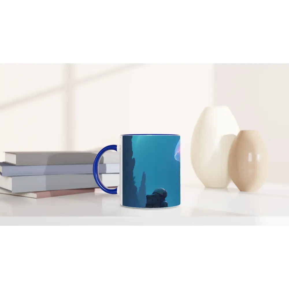 Blue-handled mug featuring an underwater scene from PixiOnyx Cosmic Glow Series