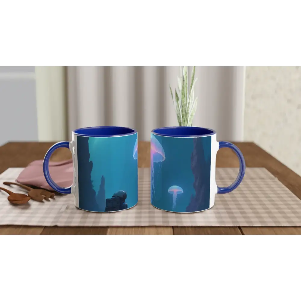 Blue-handled Deep Drift Encounter Mug featuring an underwater scene with jellyfish from PixiOnyx Cosmic Glow Series