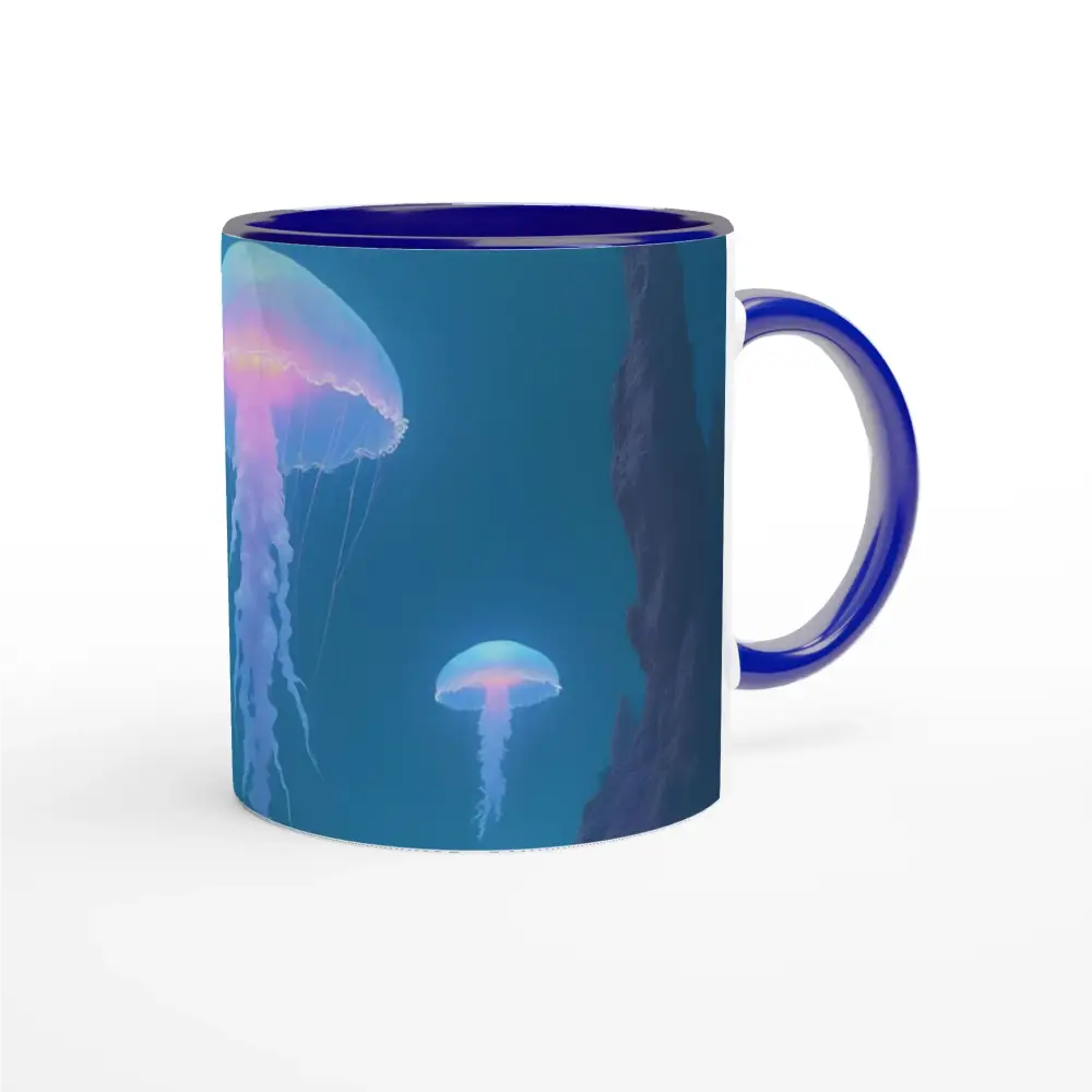 Blue-rimmed jellyfish mug from PixiOnyx Cosmic Glow Series for deep sea enthusiasts