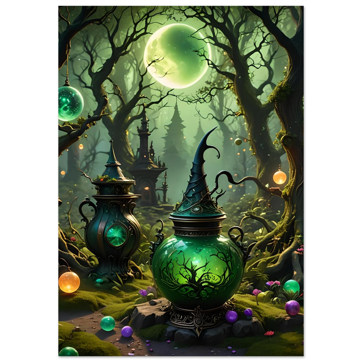 Green magical potion pot with witch hat lid in Witchcraft Forest Fine Art Poster PixiOnyx