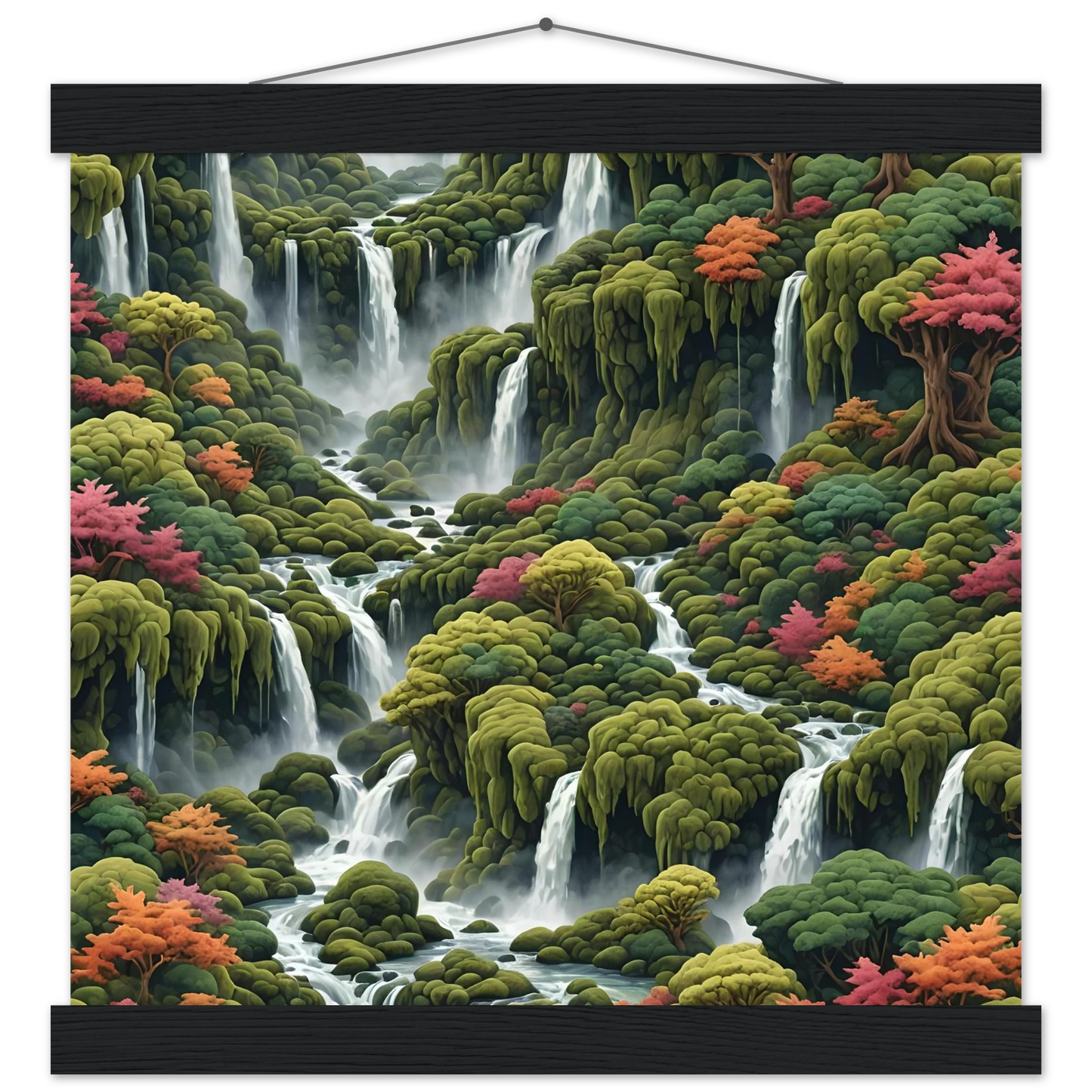 Waterfall landscape wall hanging from Moss Cascade poster with hanger by PixiOnyx