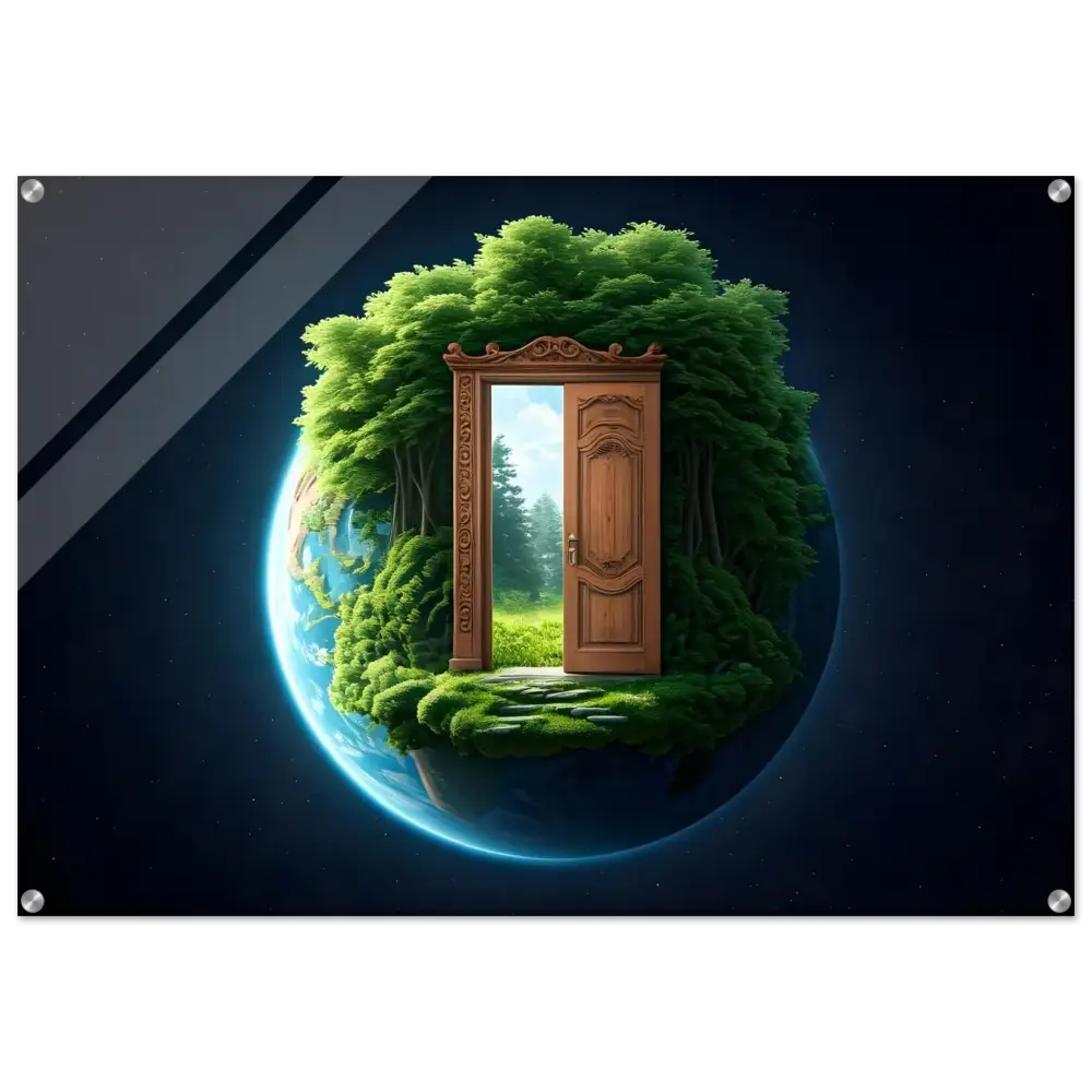 Earth globe with a doorway to lush nature for Door to Earth Acrylic Print PixiOnyx