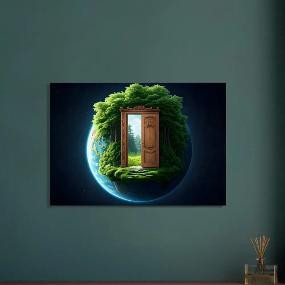 Framed Earth with a door to nature in PixiOnyx Greenworld Wall Art titled Door to Earth Canvas