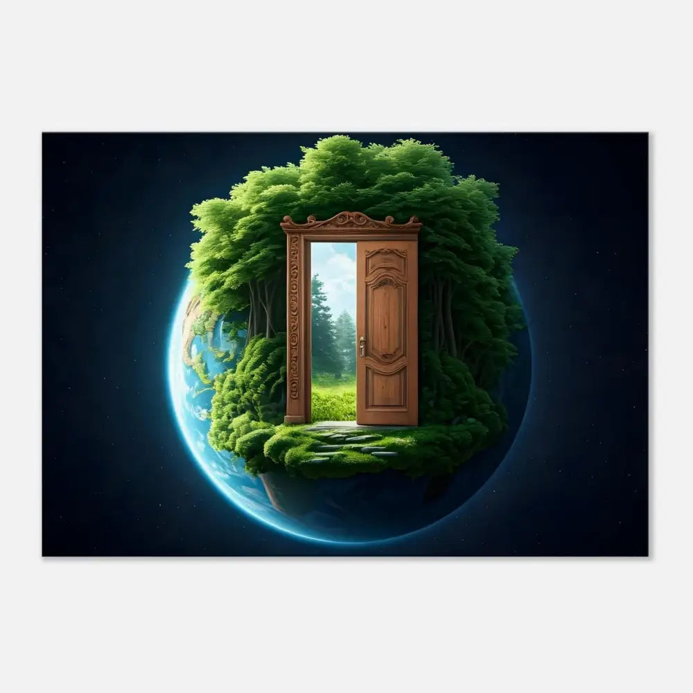 Ornate wooden door on a lush verdant planet displayed in PixiOnyx Greenworld Wall Art