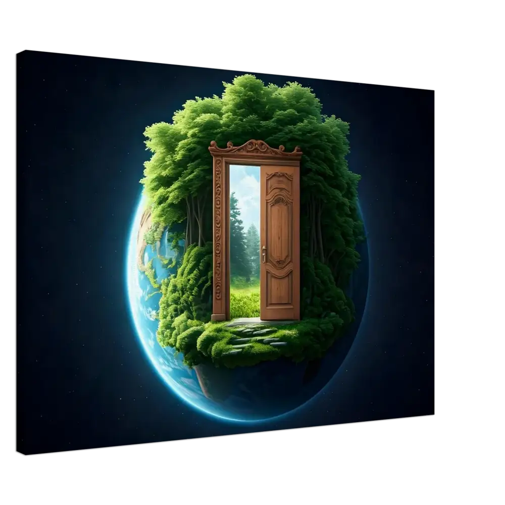 Ornate wooden door on Earth depicted in PixiOnyx Greenworld Wall Art Canvas