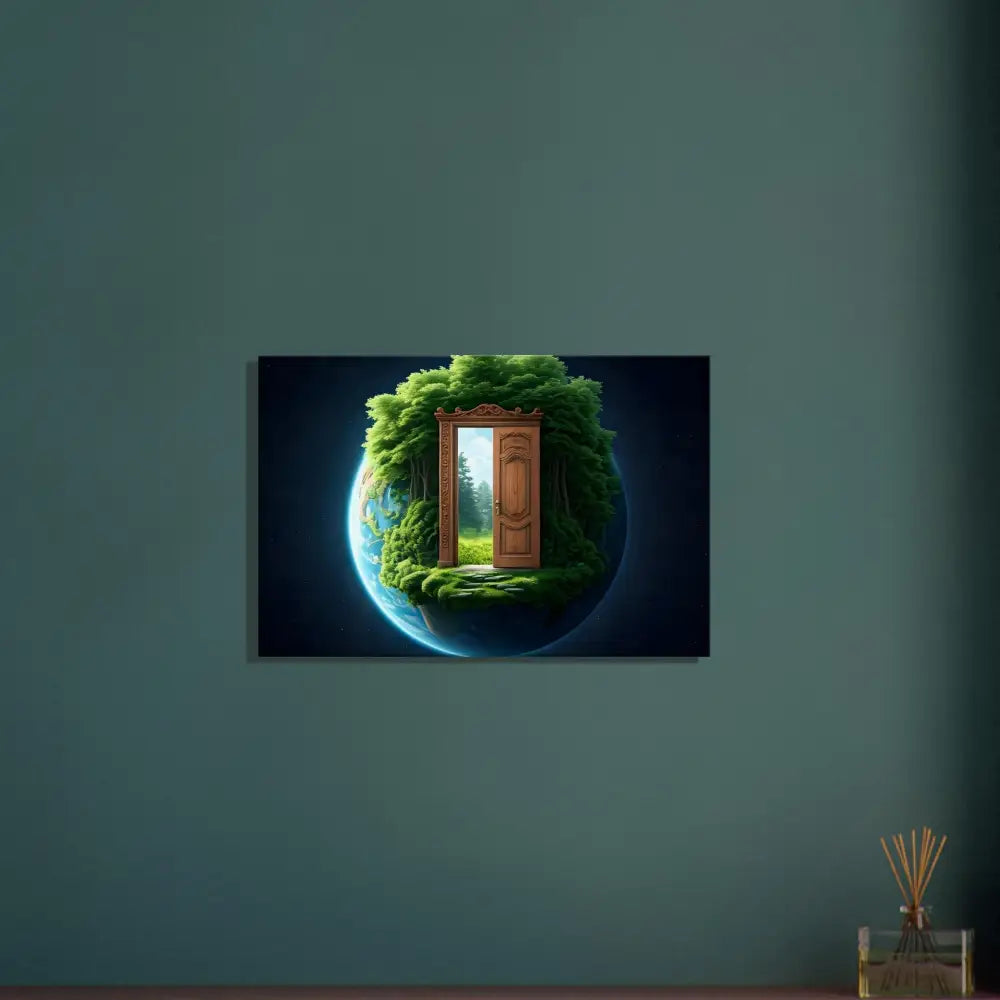 Framed earth with a doorway displayed in Door to Earth Canvas – The Lush Threshold Wall Art