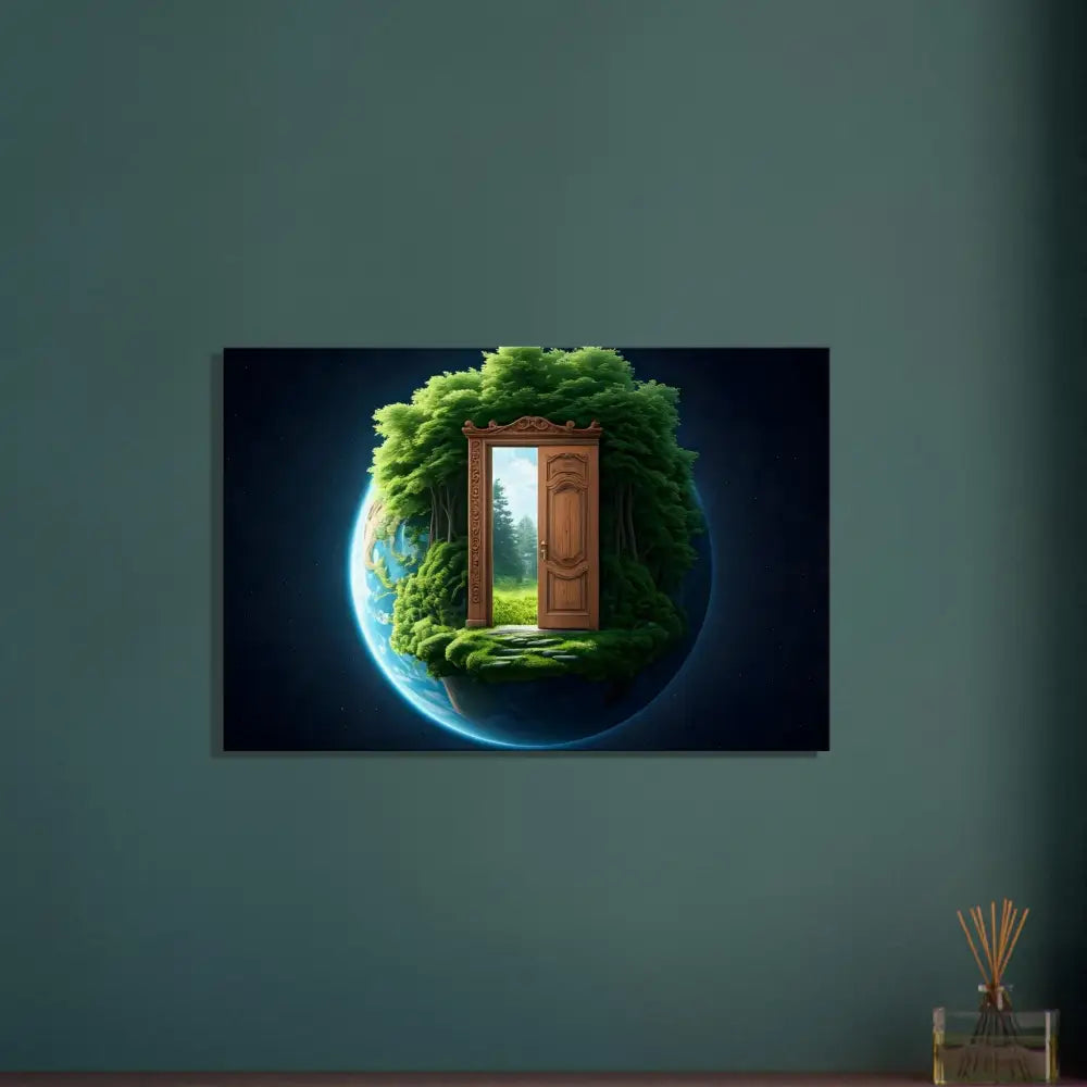 Earth with a doorway to lush nature in PixiOnyx Greenworld Wall Art product