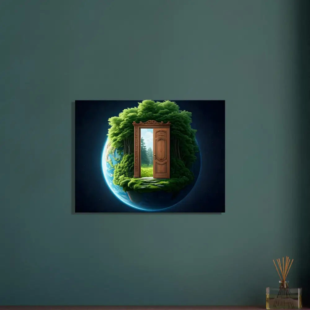Earth globe with forest and open door representing Door to Earth Canvas Wall Art