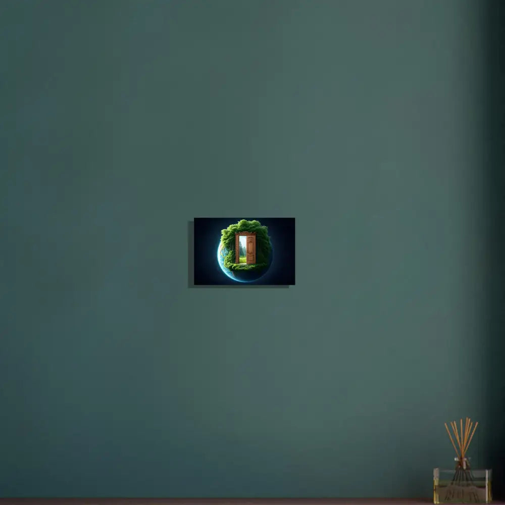 Framed nature-themed artwork on the Door to Earth Metal Print PixiOnyx Glossed Planet View