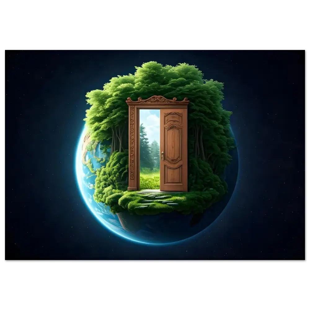 Ornate wooden doorway on lush verdant planet featured in PixiOnyx Lush Threshold Metal Print