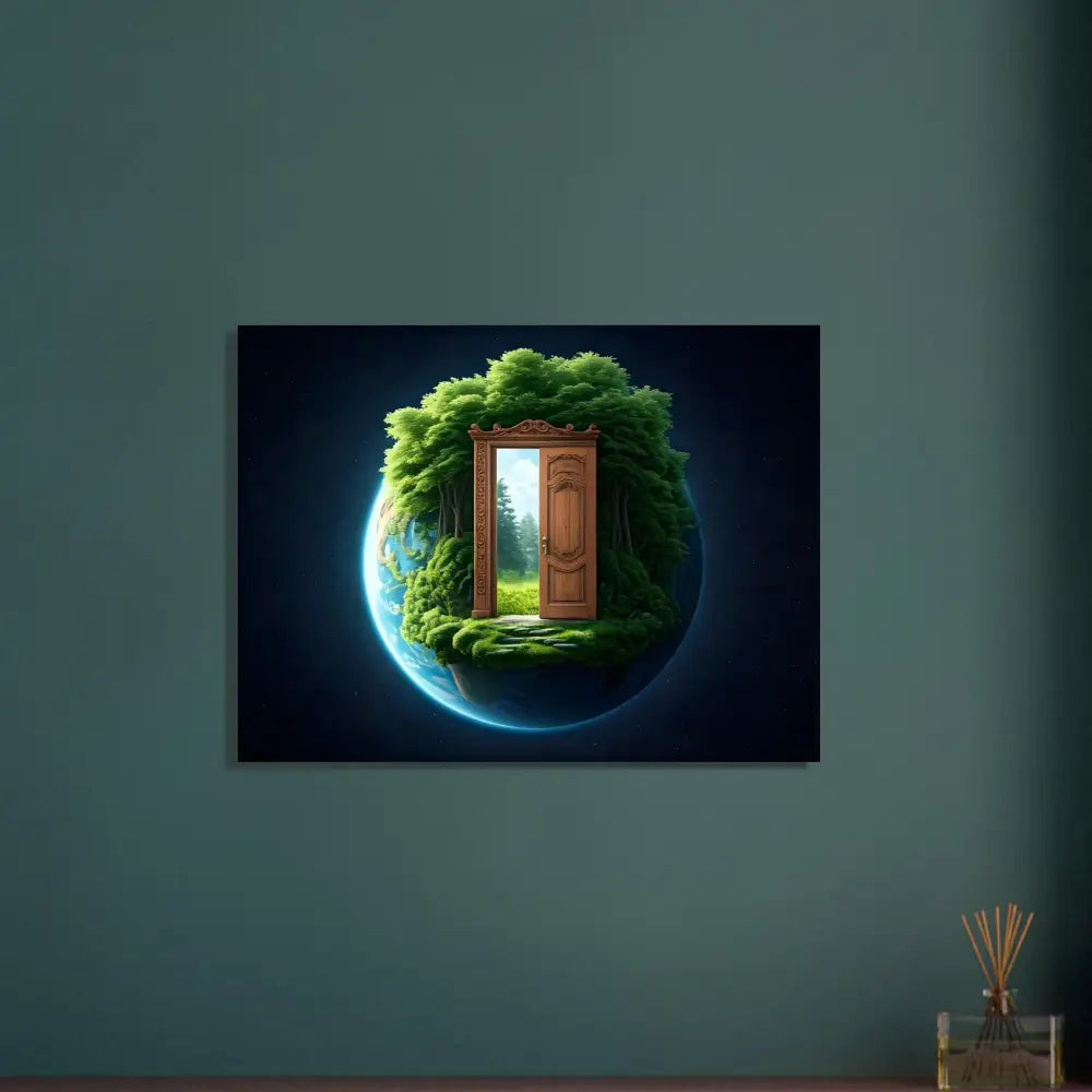Earth globe with a door to nature on the Door to Earth Metal Print Lush Threshold by PixiOnyx