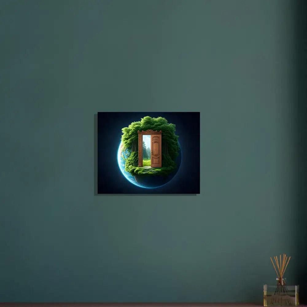 Framed green planet artwork with a door displayed on the Door to Earth Metal Print