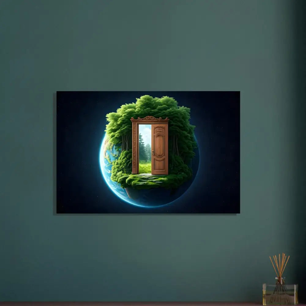 Surreal Earth globe with a doorway leading to lush nature in the Door to Earth Poster by PixiOnyx