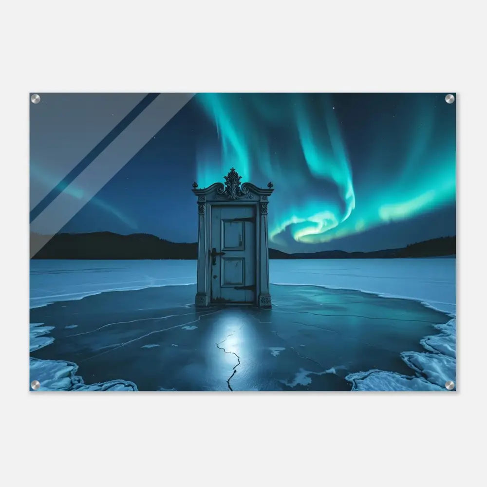 Ornate door on frozen lake displayed in Dooraura Acrylic Print PixiOnyx Crystal Frost
