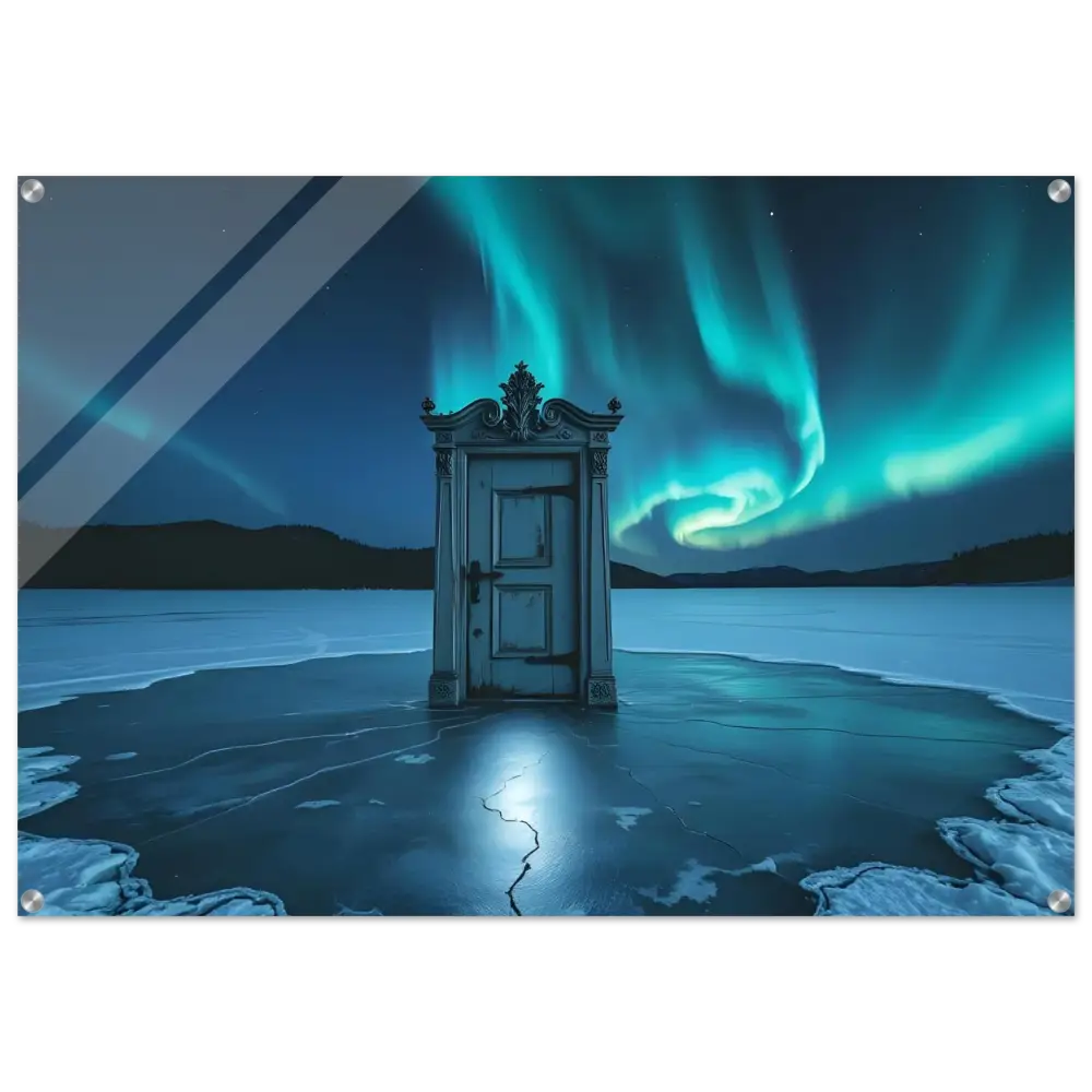 Ornate door on frozen lake showcased in Dooraura Acrylic Print The Threshold Beneath Lights