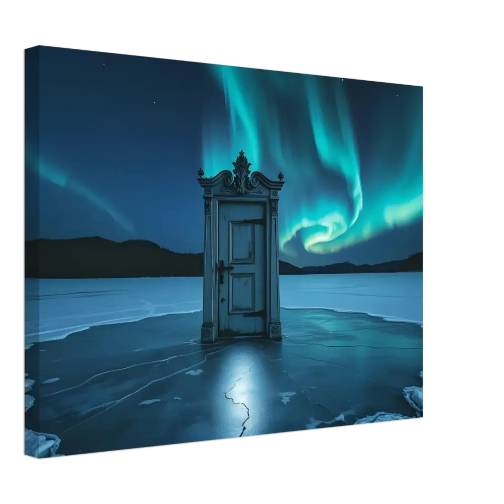 Ornate door on frozen landscape from Dooraura Canvas Threshold Beneath Lights PixiOnyx