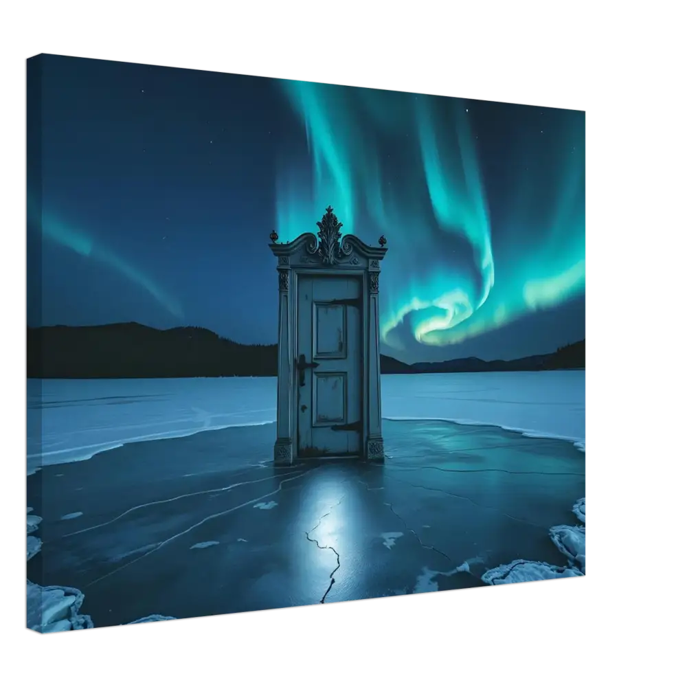 Ornate door illuminated under Aurora Borealis in PixiOnyx Glacial Dreamscape Canvas