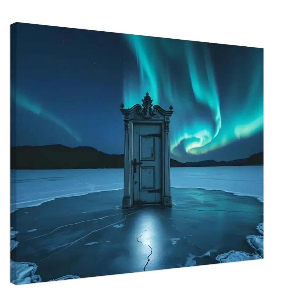 Ornate door on frozen lake displayed on Dooraura Canvas The Threshold Beneath Lights PixiOnyx