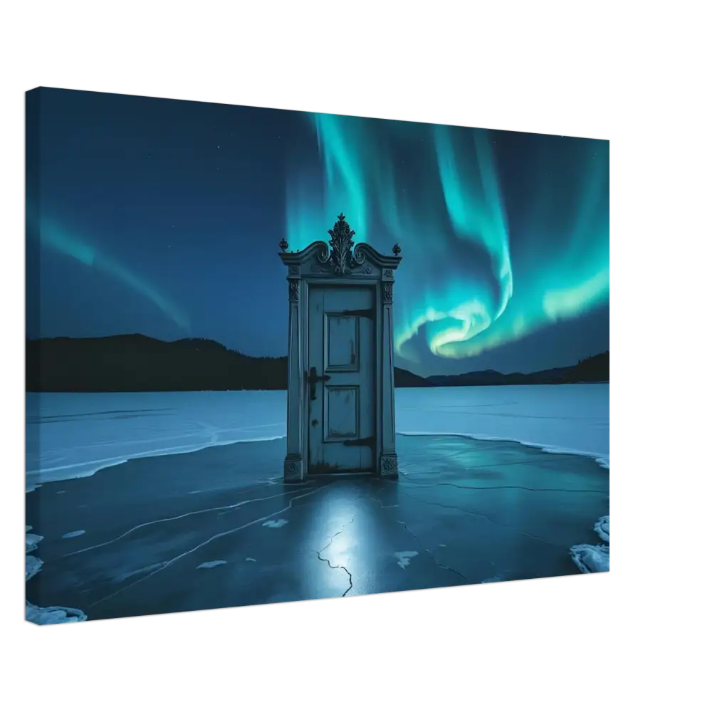 Ornate door beneath vibrant Aurora Borealis in PixiOnyx Glacial Dreamscape artwork