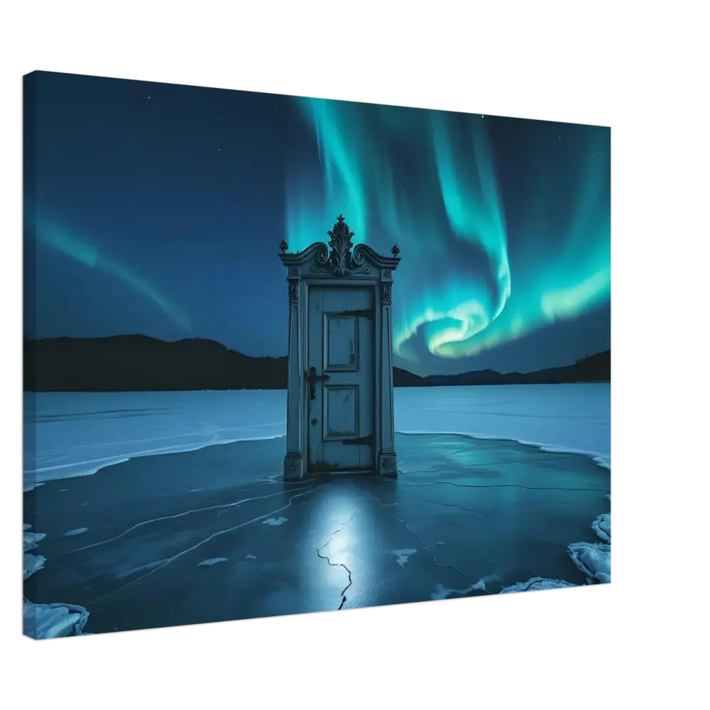 Ornate door beneath Aurora Borealis in PixiOnyx Glacial Dreamscape Dooraura Canvas