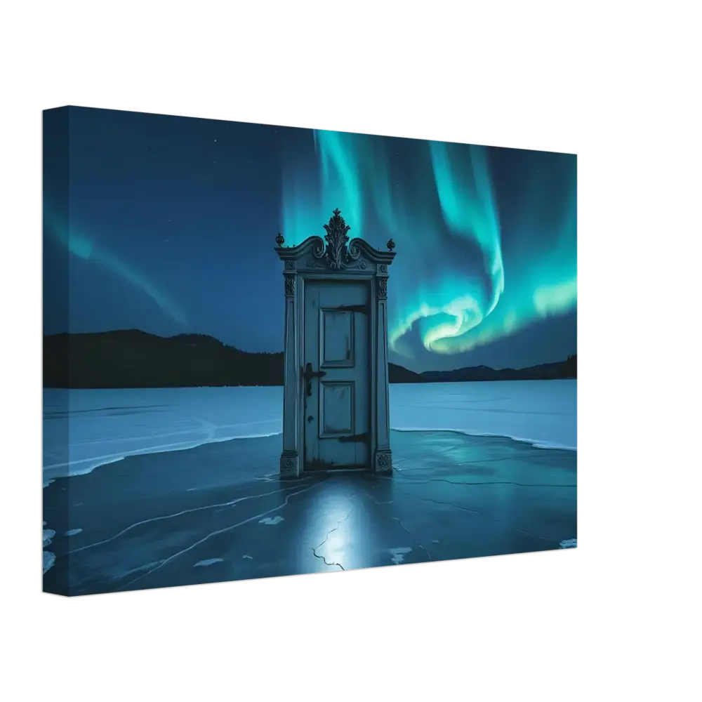 Ornate door beneath vibrant Aurora Borealis in PixiOnyx Glacial Dreamscape Canvas