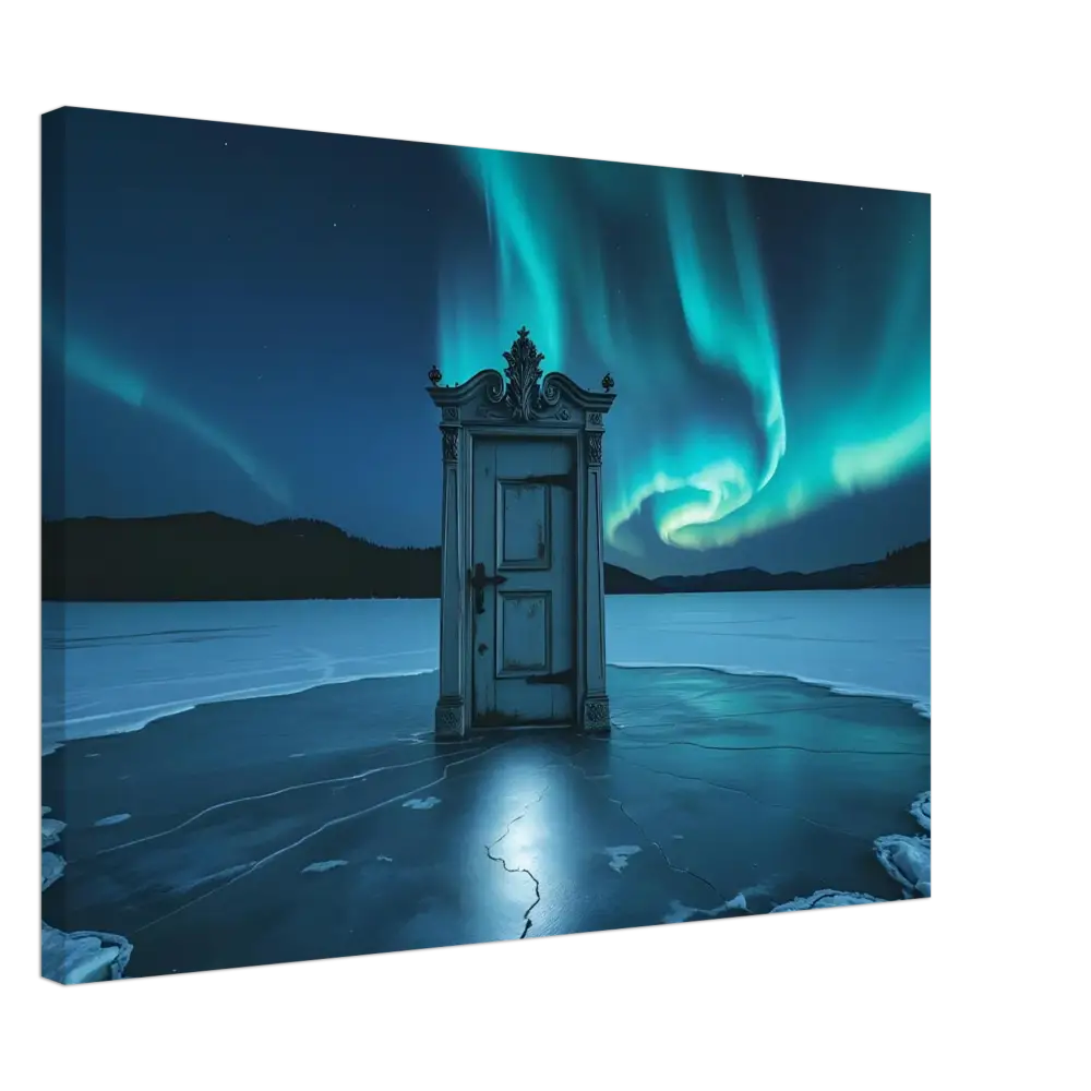 Ornate door illuminated under Aurora Borealis in Glacial Dreamscape Canvas by PixiOnyx