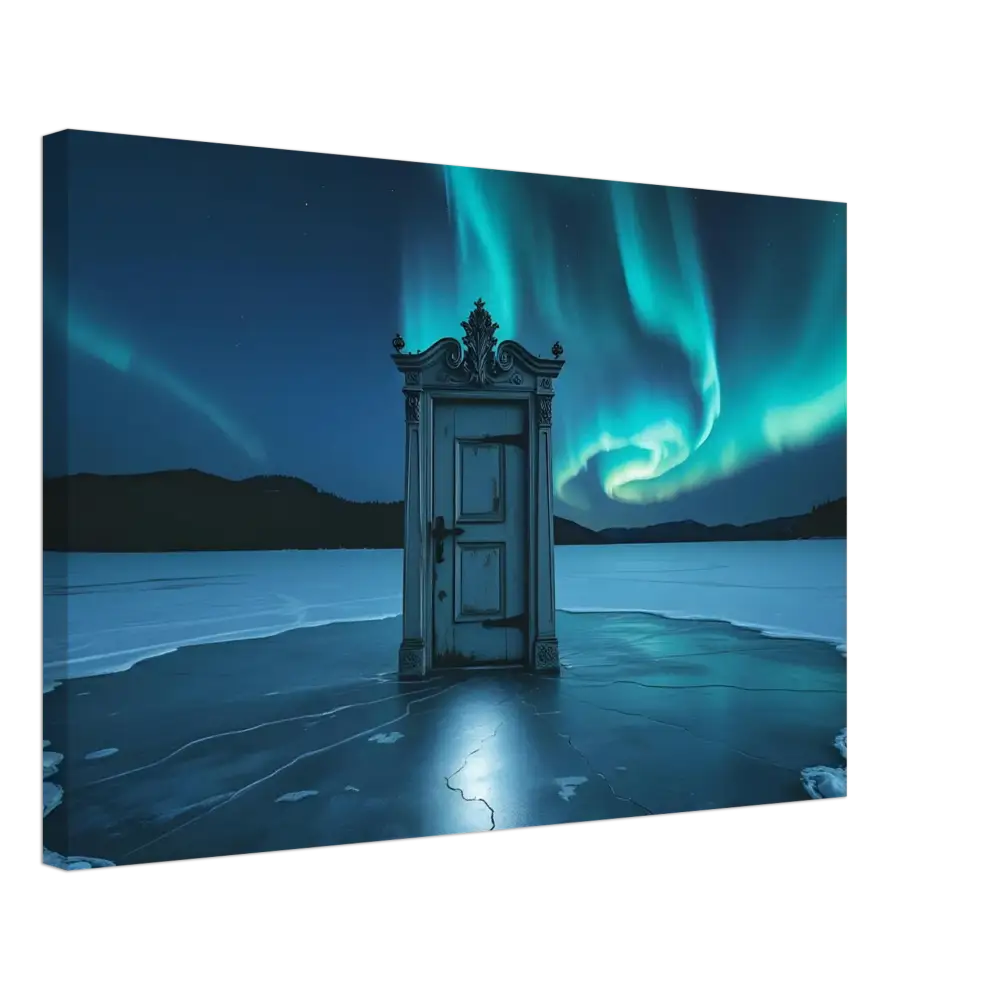 Ornate door under Aurora Borealis on PixiOnyx Glacial Dreamscape Canvas