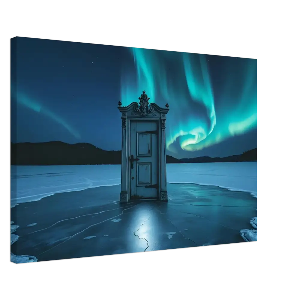 Ornate door beneath Aurora Borealis in PixiOnyx Glacial Dreamscape Canvas artwork
