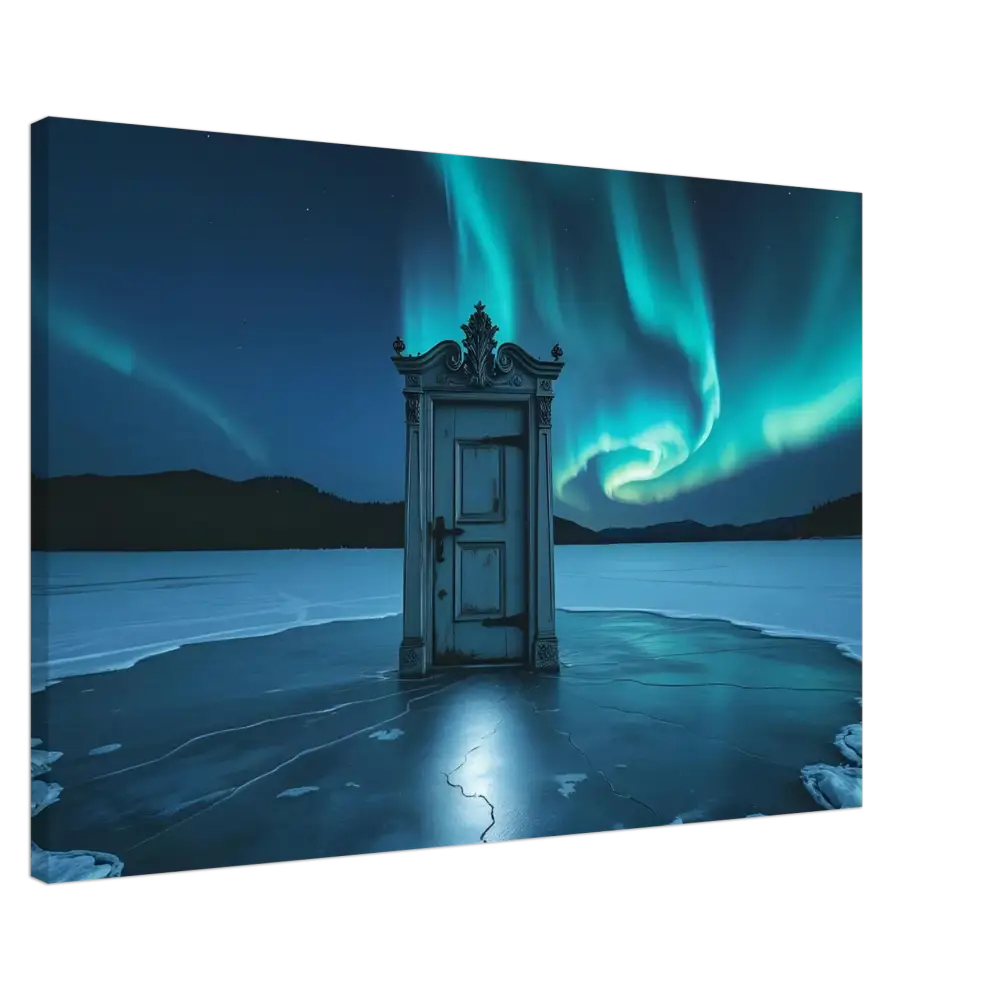 Ornate door beneath Aurora Borealis in a Glacial Dreamscape artwork by PixiOnyx