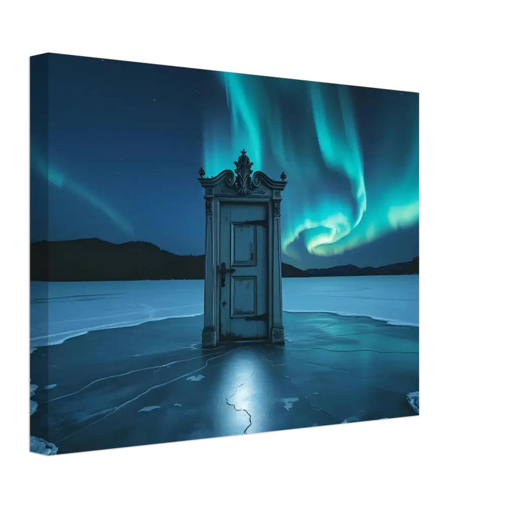 Ornate door beneath Aurora Borealis on PixiOnyx Dooraura Canvas Glacial Dreamscape