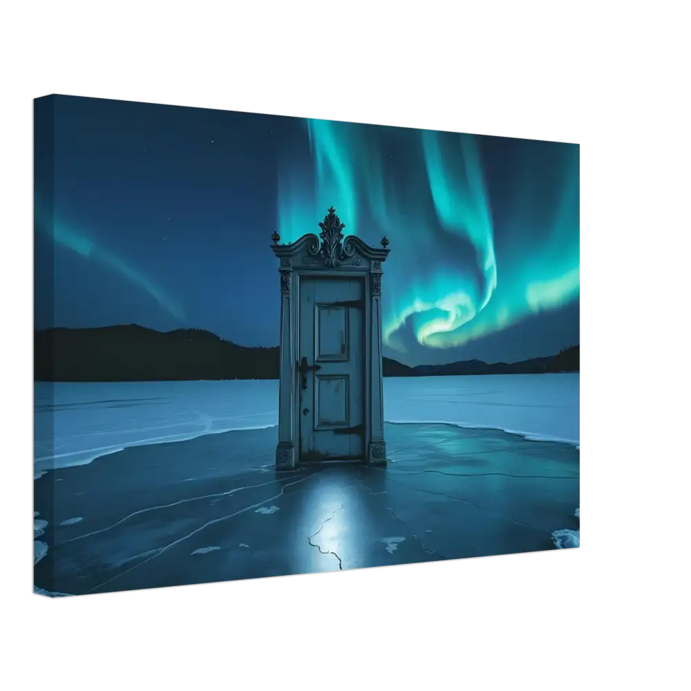 Ornate door under Aurora Borealis displayed on Dooraura Canvas by PixiOnyx Glacial Dreamscape