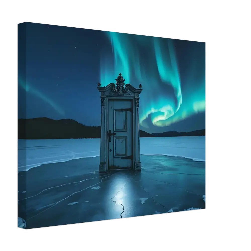 Ornate door beneath Aurora Borealis in PixiOnyx Glacial Dreamscape Canvas artwork