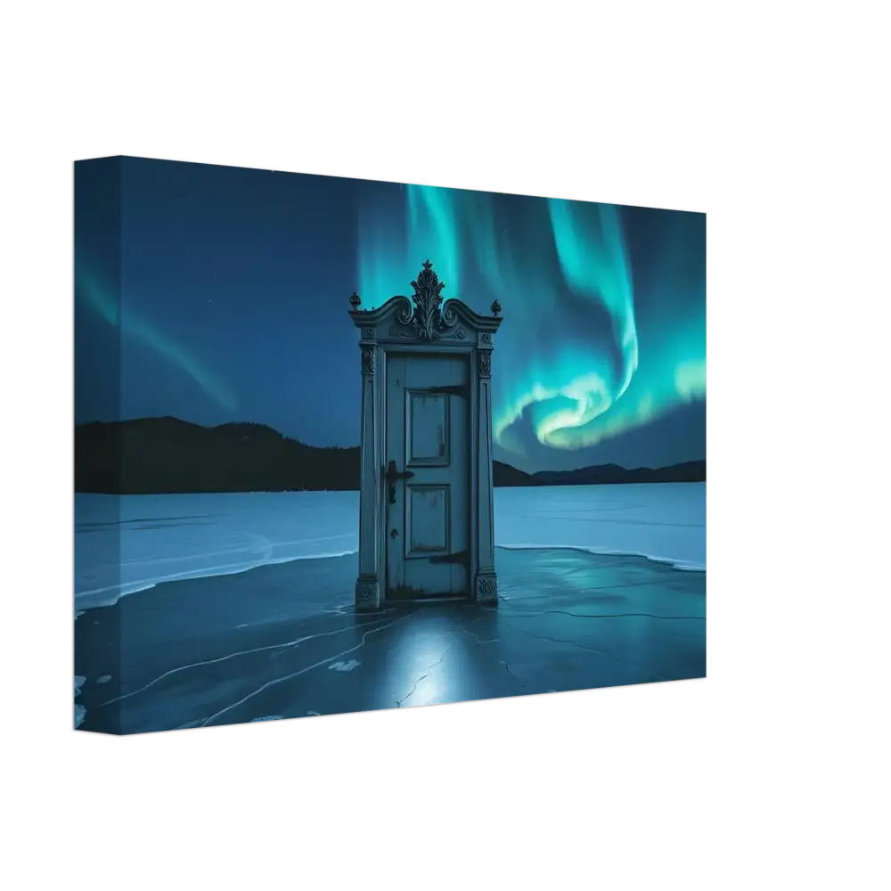 Ornate door under vibrant Aurora Borealis in a Glacial Dreamscape Canvas artwork