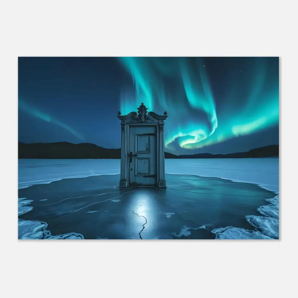 Ornate door on frozen lake featured in Dooraura Poster The Threshold Beneath Lights by PixiOnyx