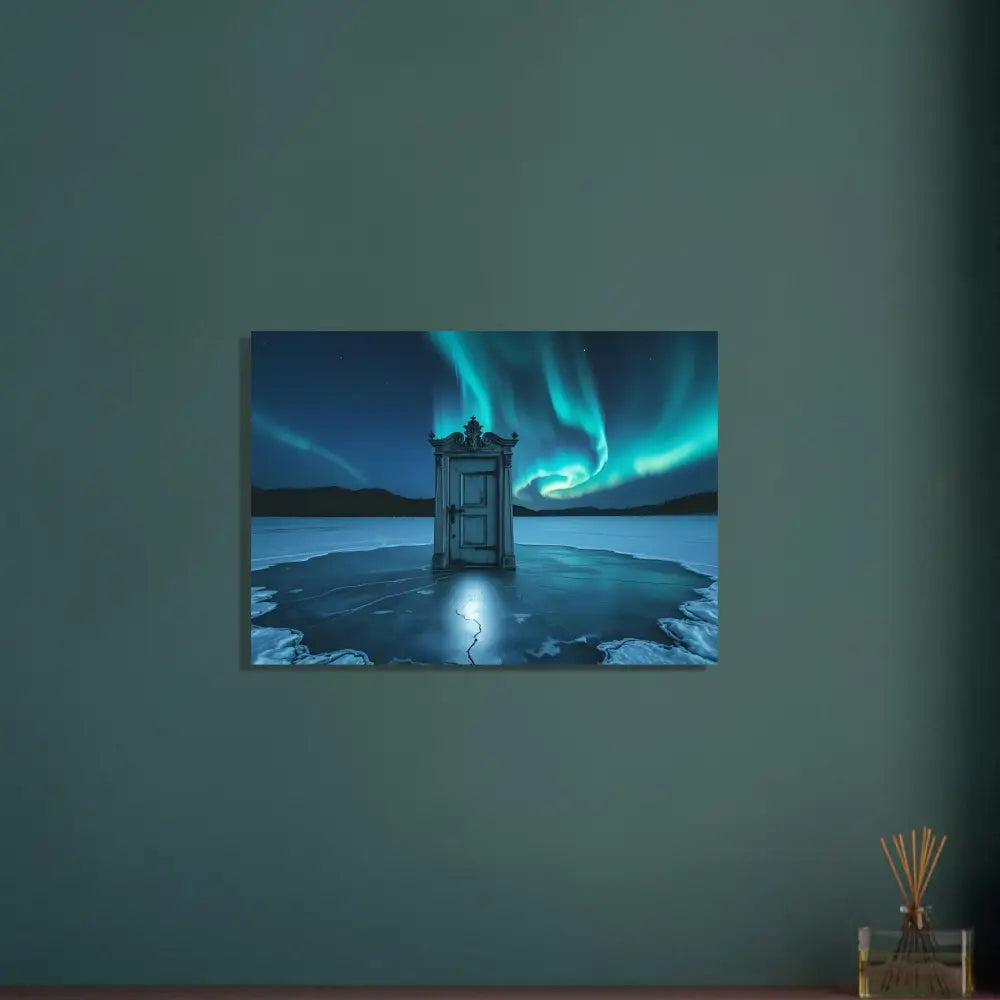 Aurora borealis over frozen lake with door in PixiOnyx Dooraura Poster Fine Art Print