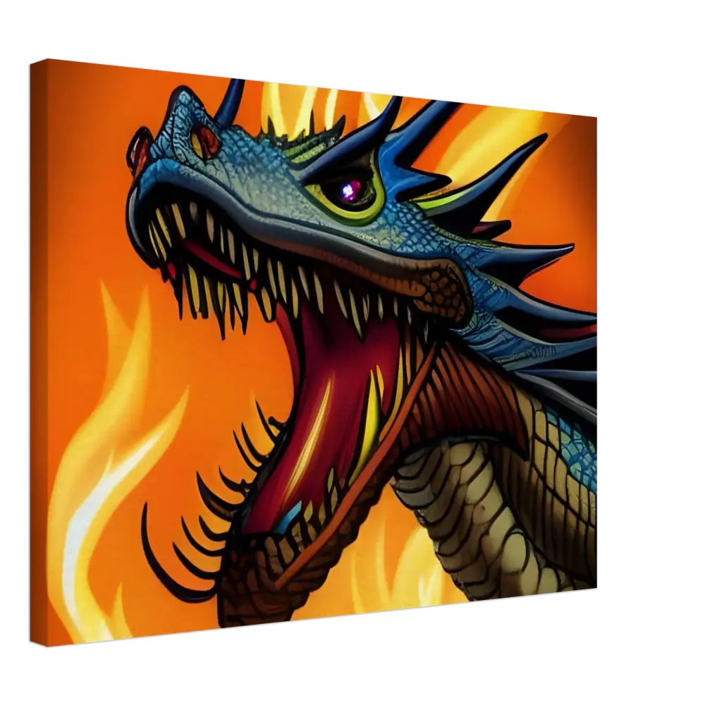 Roaring dragon canvas art from Dragon’s Fury collection displayed on PixiOnyx wall decor
