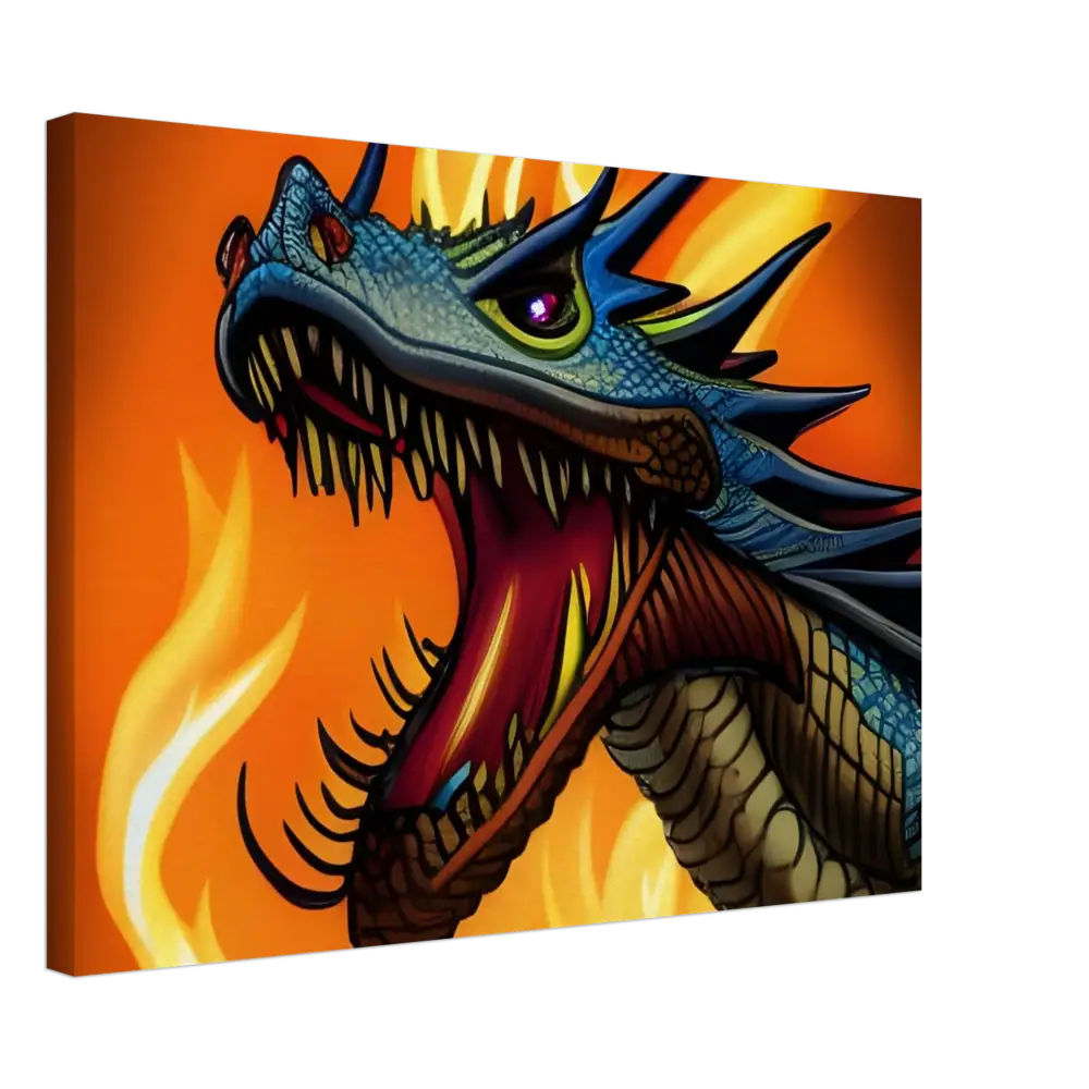 Roaring Dragon Canvas Art displayed on Dragon’s Fury Canvas Wall Art by PixiOnyx
