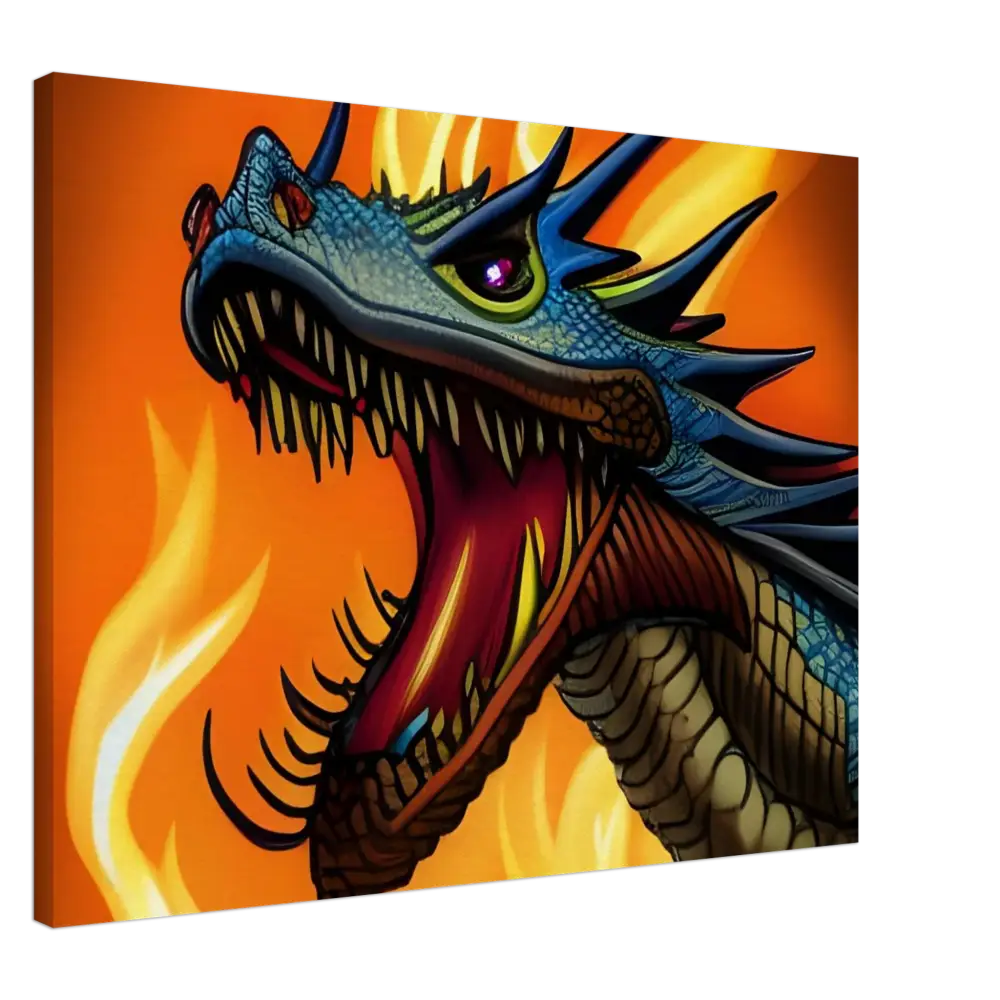 Blue dragon head with open mouth on Canvas Wall Art Dragon’s Fury by PixiOnyx