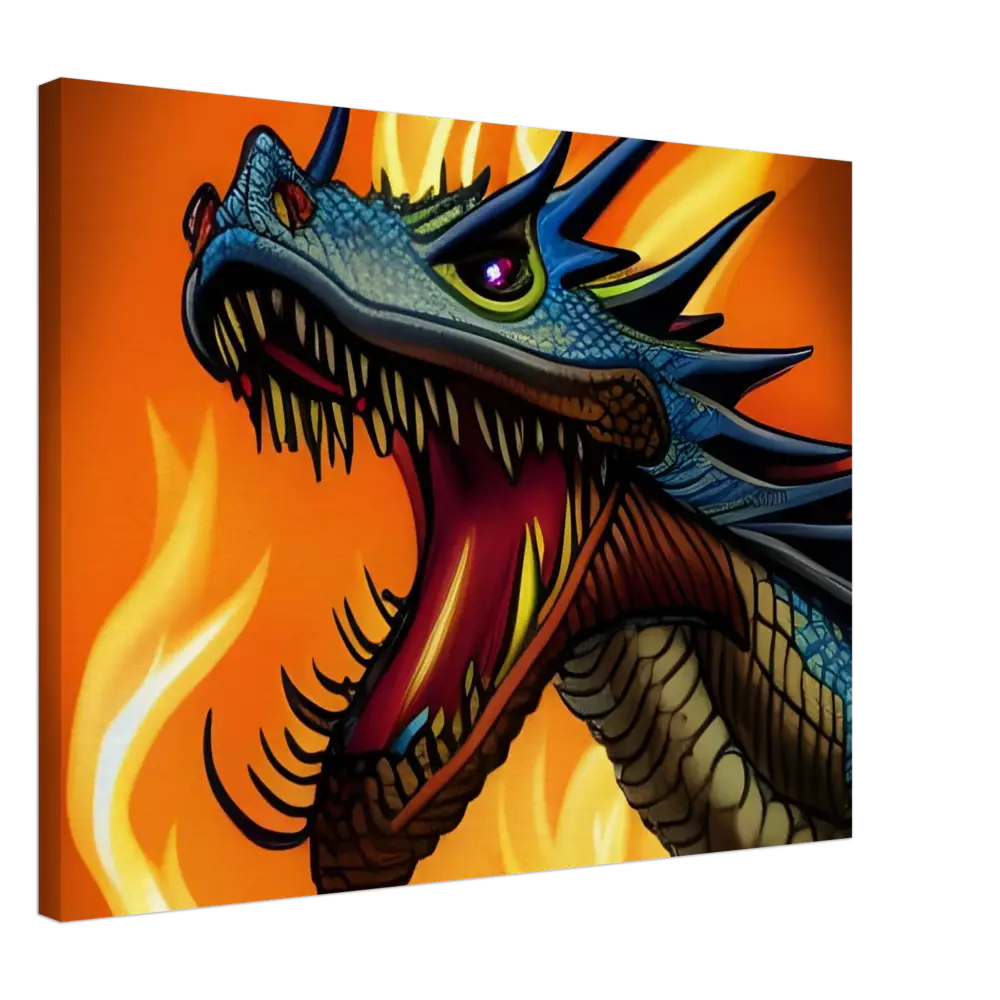 Dragon head canvas art displayed as Dragon’s Fury Canvas Wall Art on PixiOnyx