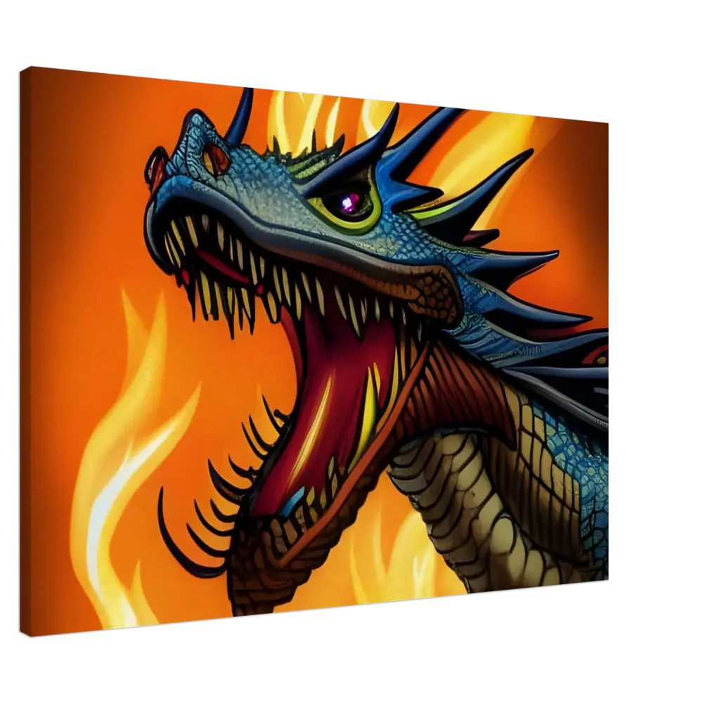 Blue dragon head with open mouth on Canvas Wall Art Dragon’s Fury by PixiOnyx