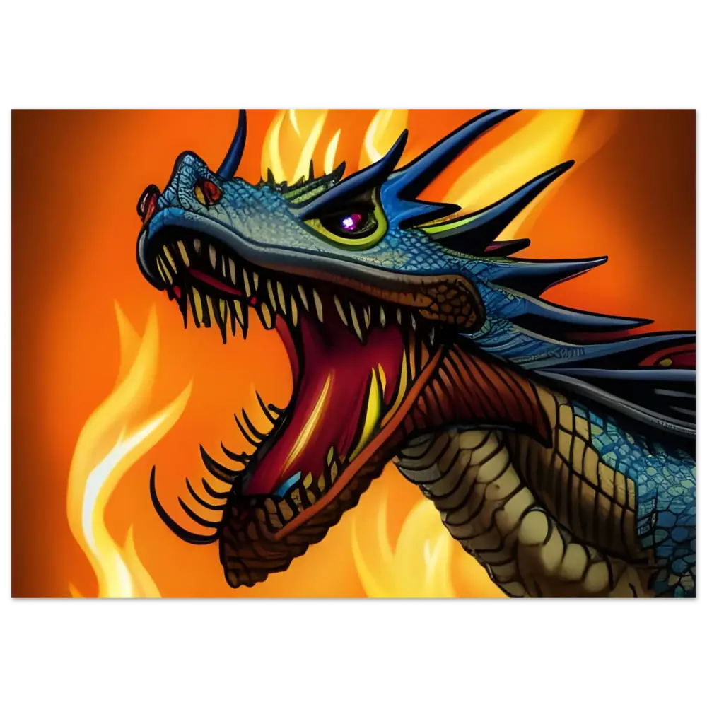 Fearsome dragon head with fiery breath on Dragon’s Fury Fine Art Fantasy Poster by PixiOnyx