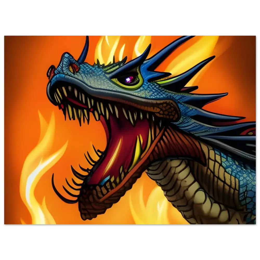 Fearsome blue dragon with fiery breath from Dragon’s Fury Fine Art Fantasy Poster PixiOnyx