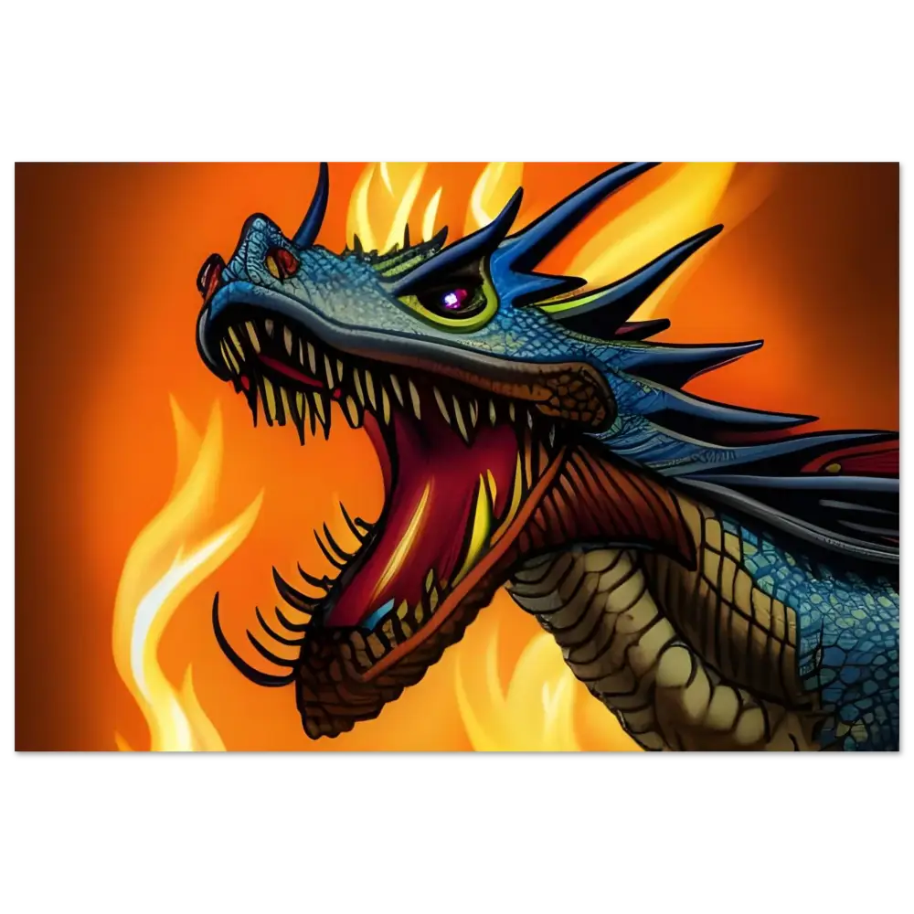 Fearsome Blue Dragon with Fiery Breath from Dragon’s Fury Fine Art Fantasy Poster