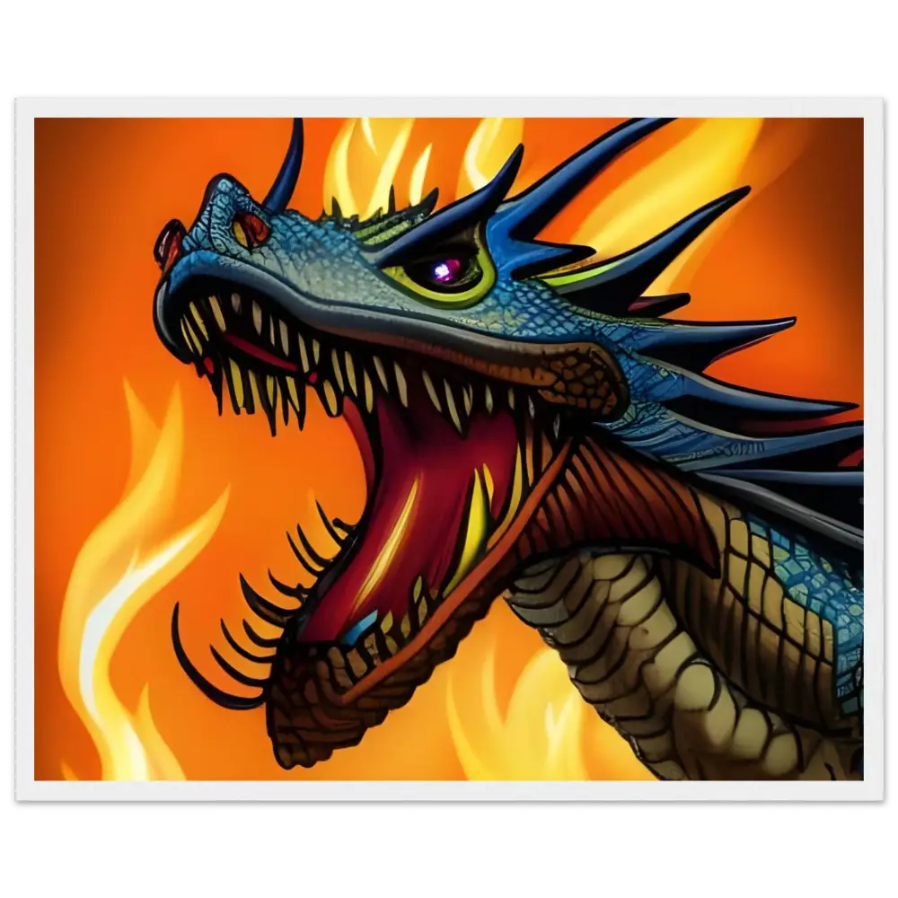 Fearsome blue dragon head from Dragon’s Fury framed fantasy poster by PixiOnyx