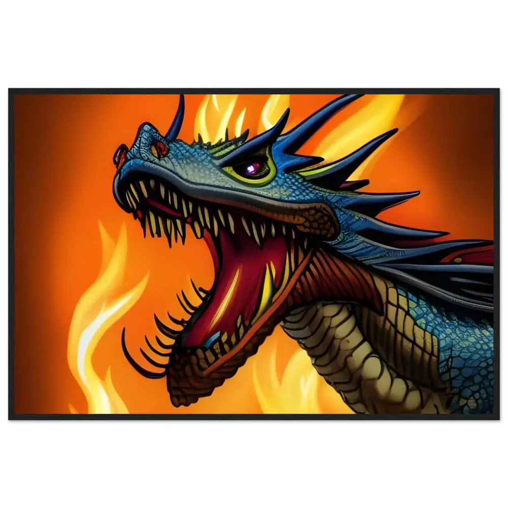 Fearsome blue dragon with fiery breath on Dragon’s Fury Framed Fantasy Poster from PixiOnyx
