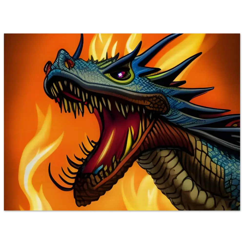 Fearsome dragon head with open mouth on Dragon’s Fury Wood Panel Wall Art by PixiOnyx