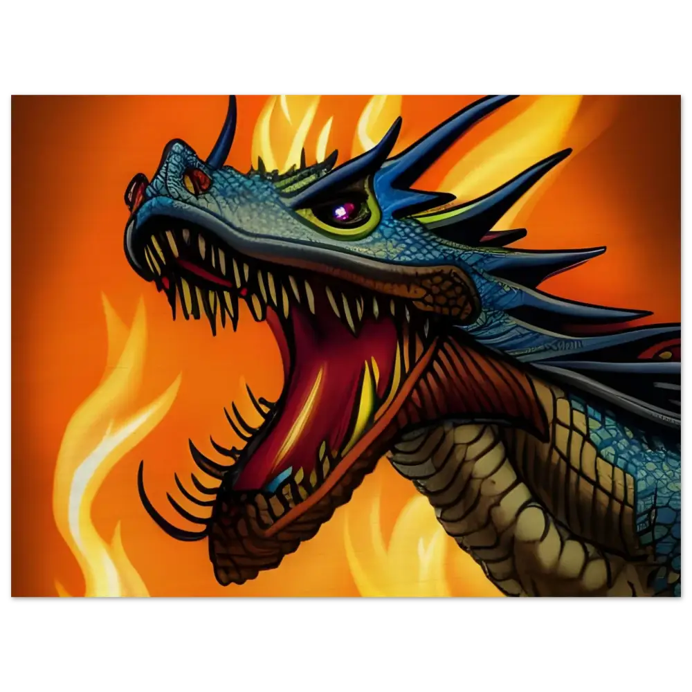 Fearsome dragon head with fiery backdrop on Dragon’s Fury Wood Panel Wall Art by PixiOnyx