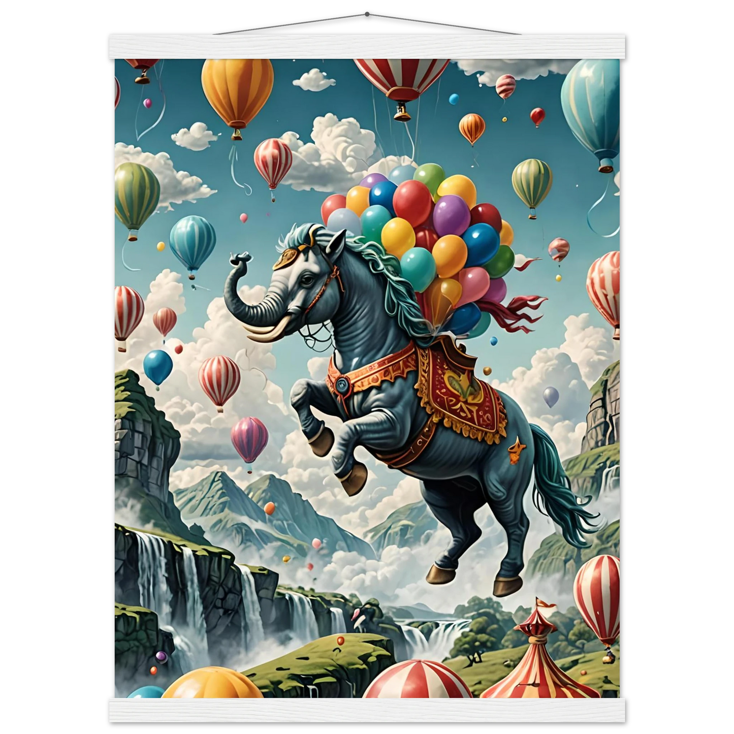 Whimsical elephant-horse hybrid with balloons on Skybound Majesty Premium Matte Paper Poster